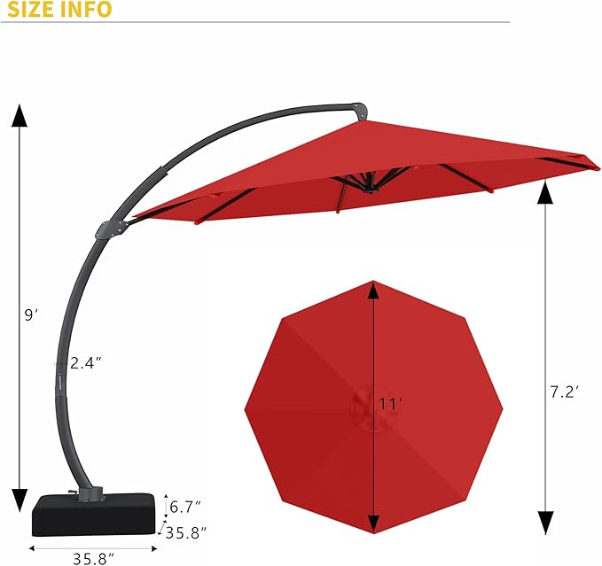 Kingdura 11ft Offset Cantilever Patio Umbrella with Base Included, Large Round Aluminum Outdoor Umbrella, 360° Rotation & Infinite Tilt, Heavy Duty Frame for Deck Pool Backyard, Red