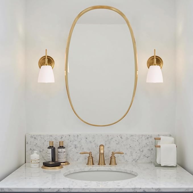 Gold Wall Sconces Vintage Bathroom Vanity Light Fixtures Frosted Milk Glass & Brass Base Indoor Wall Mount Light for Living Room,Bedroom, Bathroom, Mirror, Hallway, Stairway (Bulb not Included)