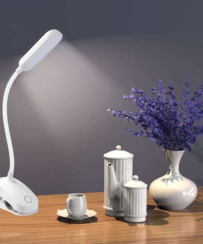 COLORLIFE Desk Lamp Clip On Light-7W 2600mAH Flexible Gooseneck Battery Operated Rechargeable Reading Lamp with Clamp & Stepless Brightness for Desk,Piano,Bed Headboard and Computers