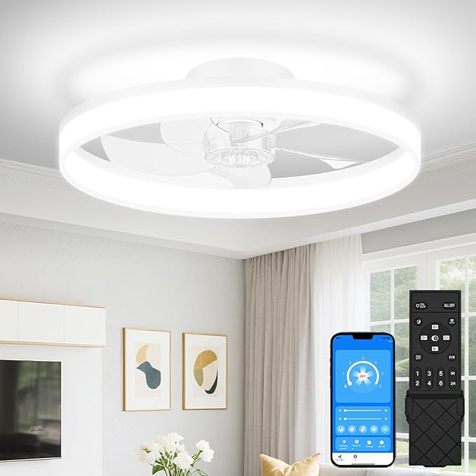 VOLISUN Low Profile Ceiling Fans with Lights and Remote, 20in Fandelier Ceiling Fan Flush Mount, 3000K-6500K Smart Bladeless LED Fan Light, White Modern Ceiling Fans with Lights for Bedroom
