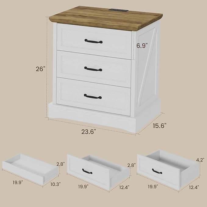 NightStand with Charging Station, Farmhouse 23.6" W Bedside Table with 4 Drawers, Night Stand for Bedroom, Home Office, White & Brown