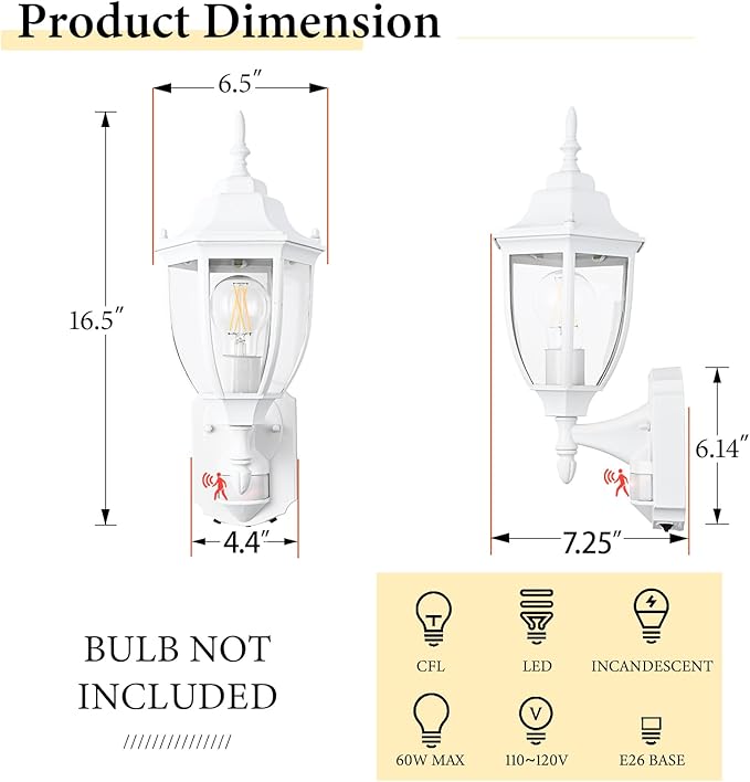 Porch Lights Outdoor Motion Sensor Wall Sconce Anti-Rust Aluminum, Exterior Outdoor Wall Lights Dusk to Dawn Porch Light Fixture Wall Mount for House Outside Patio 2Pack White