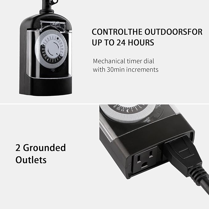Outdoor Timer Outlet Waterproof, 24 Hour Mechanical Timer Outlet for Home and Garden, 2 Grounded, 15A 3/4HP, Black, 1 Pack