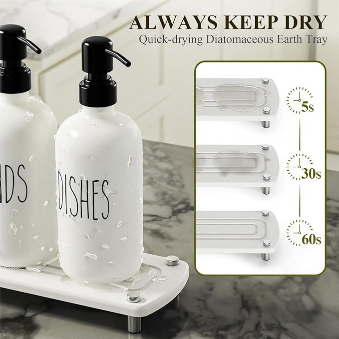 Cisily Kitchen Soap Dispenser Set Comes with Ceramics Sponge Holder, Gold Pumps, and Instant Dry Tray (White&Black, 4 Pack)