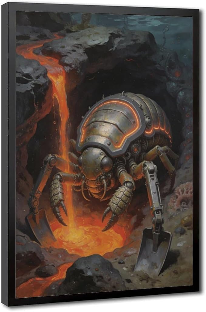 Framed Steampunk Mechanical Trilobite Wall Art - Volcanic Underwater Retro Poster for Garage Apartment Decor 20x30in