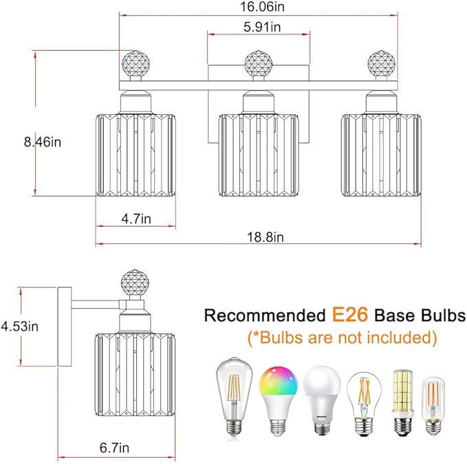 Lxybcce Bathroom Vanity Lights Over Mirror - Easy Installation with Clear Guide, 3-Light Shadow-Free Design, Black and Gold Crystal Finish - for Modern Home Bathroom Lighting Fixtures in DIY Projects