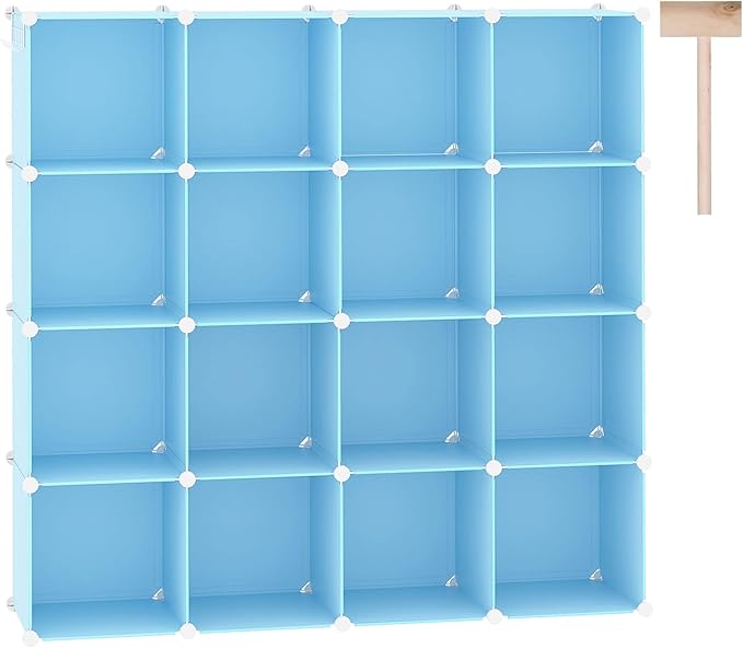 C&AHOME Cube Storage Organizer, 16-Cube Shelves Units, Plastic Storage Cubes, DIY Closet Organizer, Modular Closet Storage Shelves Ideal for Home, Bedroom, 48.4" L × 12.4" W × 48.4" H Blue UPCS16L