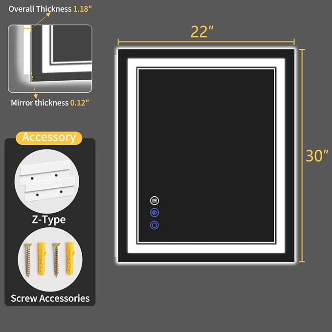 22"x30" LED Bathroom Mirror with Lights, Anti-Fog, Backlit + Front Lit, Dimmable, Led Vanity Mirror for Wall, Lighted Bathroom Mirror, 3 Colors, Shatter-Proof Tempered Glass