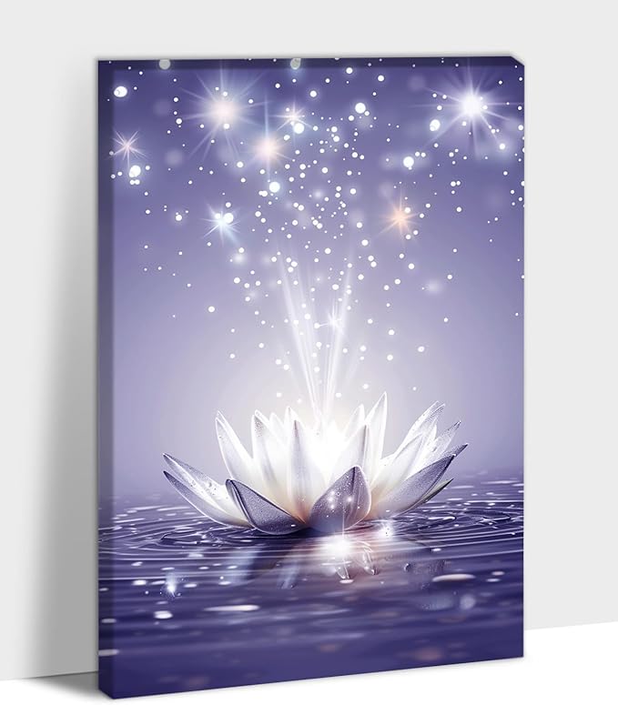 Zen Canvas Wall Art, White Lotus Flower Bloom in Water Picture, Zen Blue Flower Painting, Modern Framed Spiritual Home Artwork for Yoga Spa Meditation Spiritual Room Living Room Office 18x24 inch
