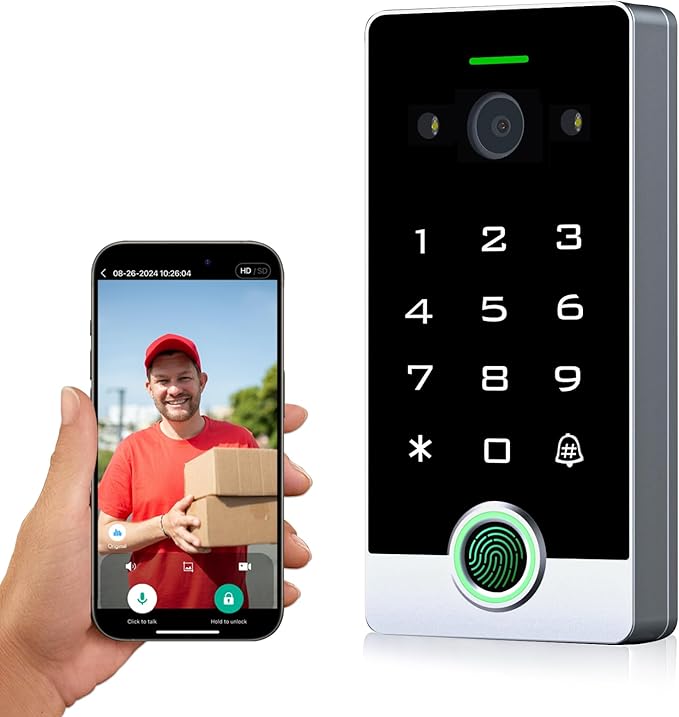 Smart WiFi Video Intercom & Doorbell Tuya Access Control System, All-Metal Fingerprint Keypad 1080P Night Vision Camera, Video Monitoring, Fingerprint/Password/Card/Tuya APP Remotely Unlock