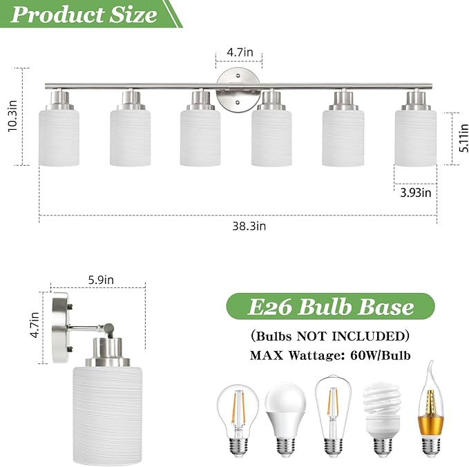 6-Light Brushed Nickel Vanity Lights for Mirror, Bathroom Light Fixtures with Textured Milky White Glass Shade, Modern Kitchen Light Fixtures Wall Sconce Light - E26 Base