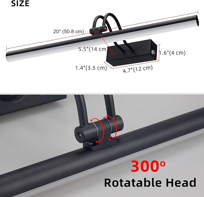 RAIFOOLLY Picture Light, Picture Lights for Wall Cordless, 20inch Picture Lights with Timer and Dimmable, Battery Wall Lights for Display Gallery Painting Art Frame Portrait - Black Metal
