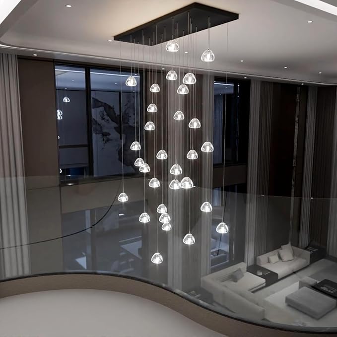 W47.2 x D15.7 x H157 Glam Chandelier Rectangular Chandeliers Bubble Crystal Pendants Light Fixture Dimmable High Ceiling Large Light Black