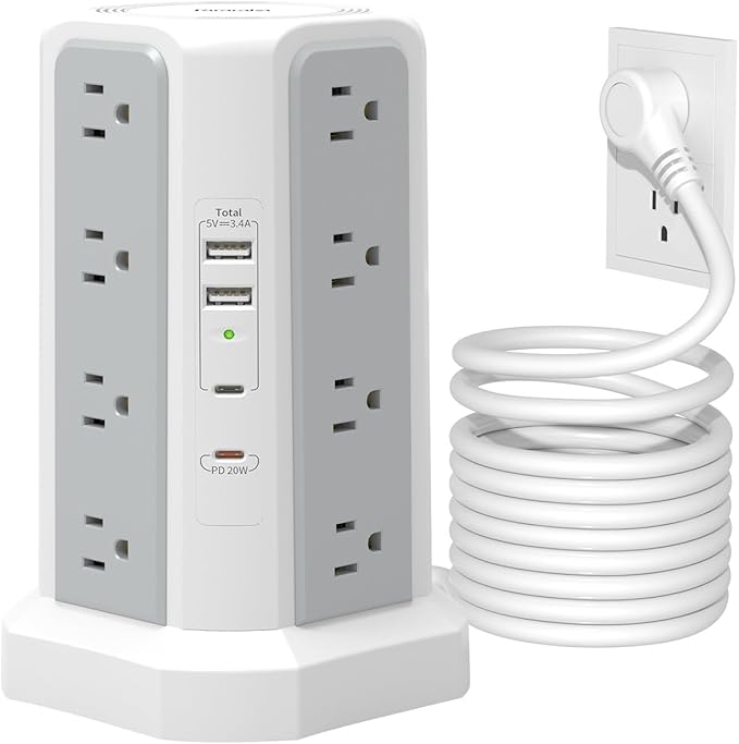 Surge Protector Power Strip Tower,10FT Long Extension Cord with Multiple Outlets 1625W 13A, Desk Charging Station with 16 Outlets and 4 USB Ports for Home, Office Desk Supplies, Dorm Room