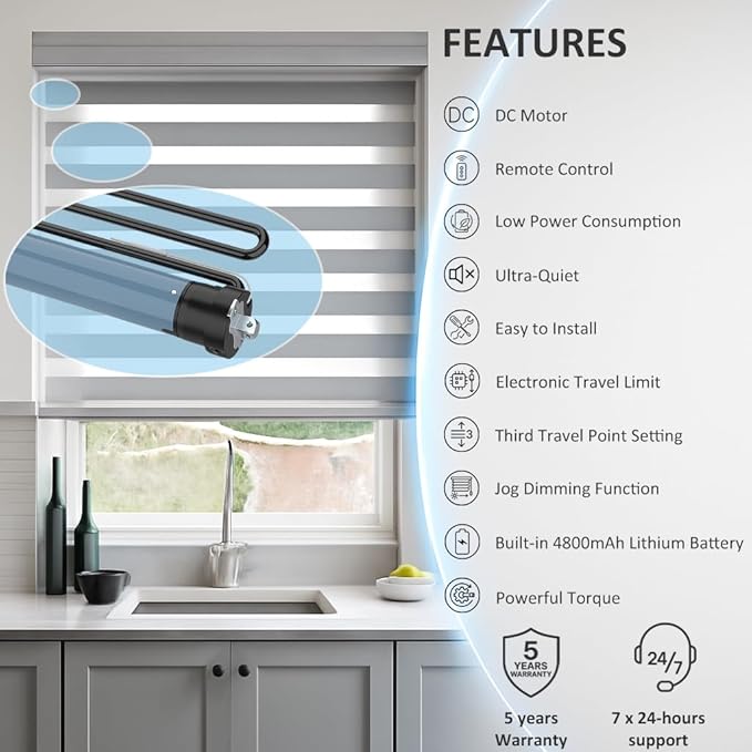 Motorized Roller Shade Motor Kit, 4800mAh Rechargeable Electric Blind Motor, Remote Control Retrofit, High Torque Tubular Drive for Window Shades (6.0 N.m for Φ50mm (2") Round Tube)