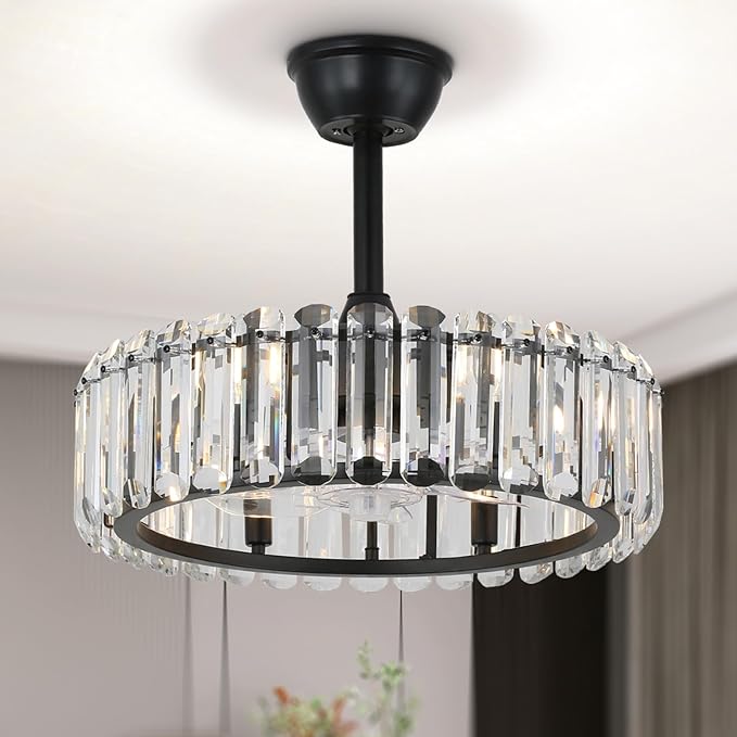 Finktonglan Crystal Ceiling Fans with Lights and Remote, 20 inch Modern Fandelier Ceiling Fan with Light Adjustable Height Chandelier Fan for Dining Room Living Room Kitchen, Black