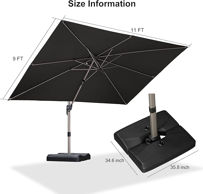 PURPLE LEAF 9' x 11' Patio Umbrella with Base Cantilever Umbrella Rectangular Outdoor Offset Umbrella with Champagne Frame and 360° Rotation for Garden Deck Pool, Grey