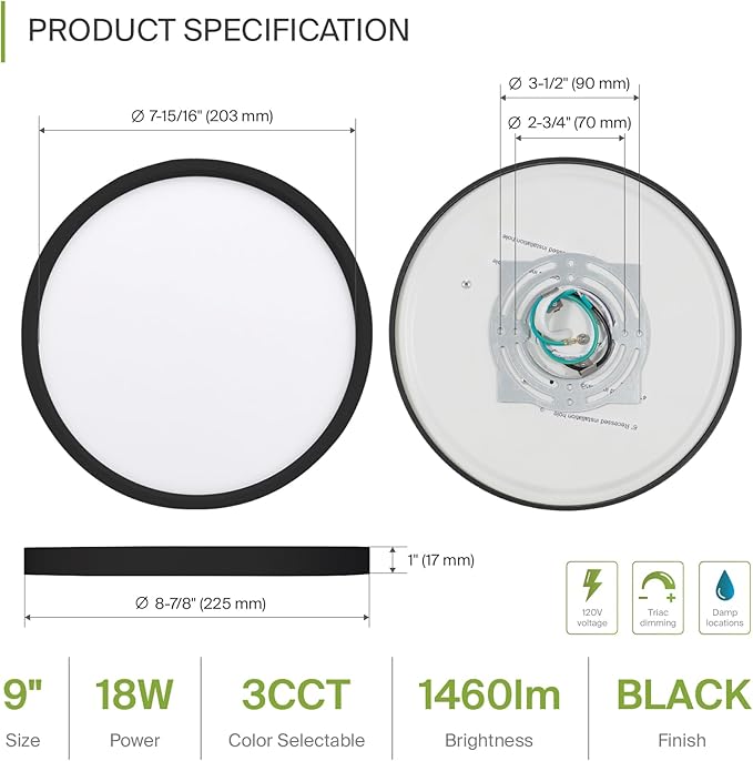ASD LED 9" Round Flush Mount Light | 18W 1460LM 3000-5000K 120V | 3CCT, Dimmable, Ultra Slim, ETL Listed | Thin Surface Lamp, Bedroom Ceiling Lighting | Black, 12 Pack