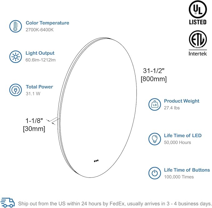 Blossom 32" Round LED Mirror for Bathroom - Wall Mounted Backlit Anti-Fog, Dimmable & 3 Color Temperatures - Smart Lighted Vanity Mirror - Perfect LED Bathroom Mirrors for Over Sink