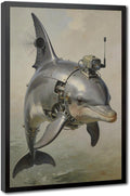 Framed Steampunk Mechanical Dolphin Wall Art - Marine Retro-Futuristic Poster for Beach House Living Room Decor 08x12in