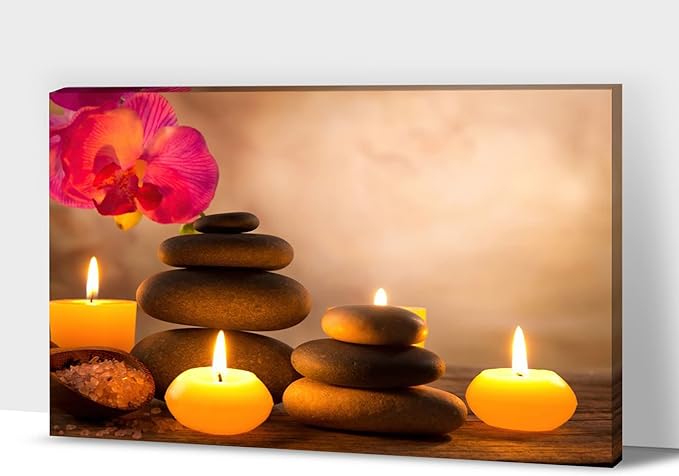 Zen Wall Art Decor, Modern Bathroom Zen Decor Wall Art, Large Zen Relaxing Canvas Wall Art for Spa Room Decor, Black Pebble and Lighted Candles Zen Art Prints for Office & Spa Wall Decor 28x40 Inches