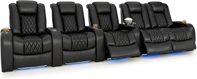 Seatcraft Diamante Zero-Gravity CoolZero Italian Leather Home Theater Seating, Power Headrest, Power Recline, Row of 5 Right Loveseat, Black