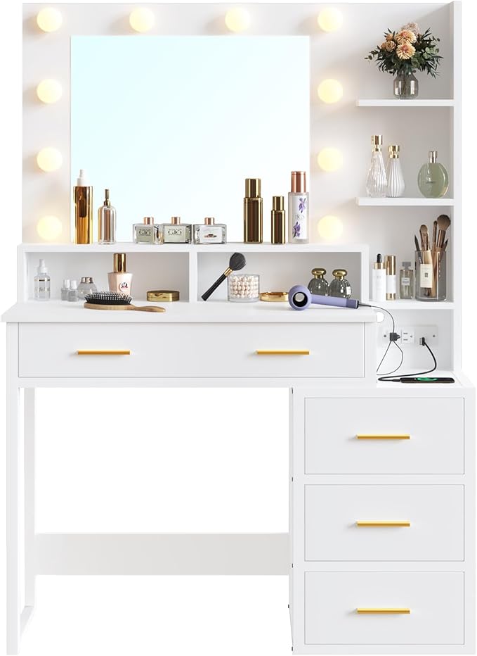 Tiptiper White Makeup Vanity with 10 Light Bulbs, Modern Vanity Desk with Mirror & 3 Lighting Modes, Vanity Table with 2 USB Ports and Outlets, Makeup Desk with Nightstand, Storage Shelves and Drawers