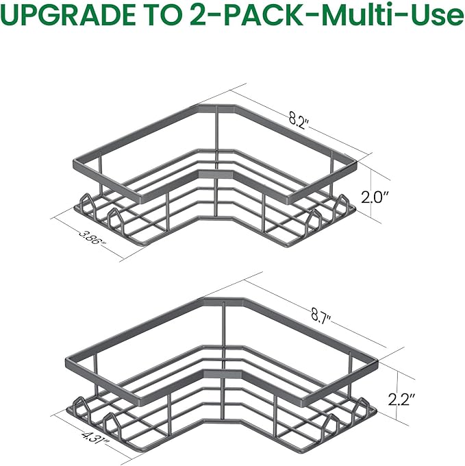 Adhesive Shower Caddy, 2 Pack Corner Bath Organizer, Rustproof Stainless Steel Shower Shelves with Large Capacity, No Drilling Shelves for Bathroom Storage, Home, Kitchen Decor (Dark Grey).