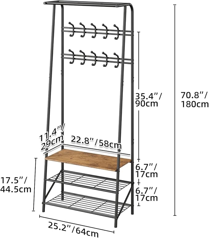 Coat Rack, 4-in-1 Hall Tree, Entryway Shoe Bench Coat Standwith Metal Frame, 3-Tier Shelf and 10 Hooks for Entryway,Hallway, Bedroom