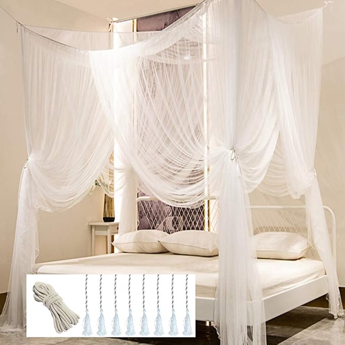 Comtelek Bed Canopy, Canopy Bed Curtains Bed Drapes for Full Queen King Size Bed Mosquito Net Bed Canopy Curtains for Patio Indoor Outdoor Room Decor Screen Netting Canopy Curtains White