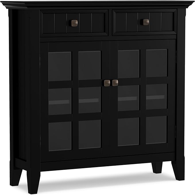 SIMPLIHOME Acadian Solid Wood 36 inch Wide Small Storage Bench and 36 inch Wide Storage Cabinet in Black for the Living Room, Entryway, and Family Room, Transitional Style