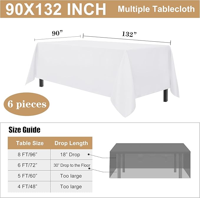 sancua 6 Pack White Tablecloth 90 x 132 Inch - Rectangle Table Cloth for 6 Feet Tables Stain and Wrinkle Resistant Washable Polyester Table Cover for Dining Wedding Banquet Party Buffet Restaurant