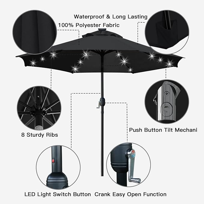 Sunnyglade 9' Solar LED Lighted Patio Umbrella with 8 Ribs/Tilt Adjustment and Crank Lift System (Black)