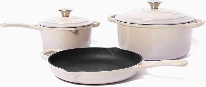 Larder & Vine 5-Piece Enameled Cast Iron Cookware Set - Includes 5.7 Quart Dutch Oven with Lid, 10.25 Inch Skillet, 2.2 Quart Saucepan with Lid (Stone)