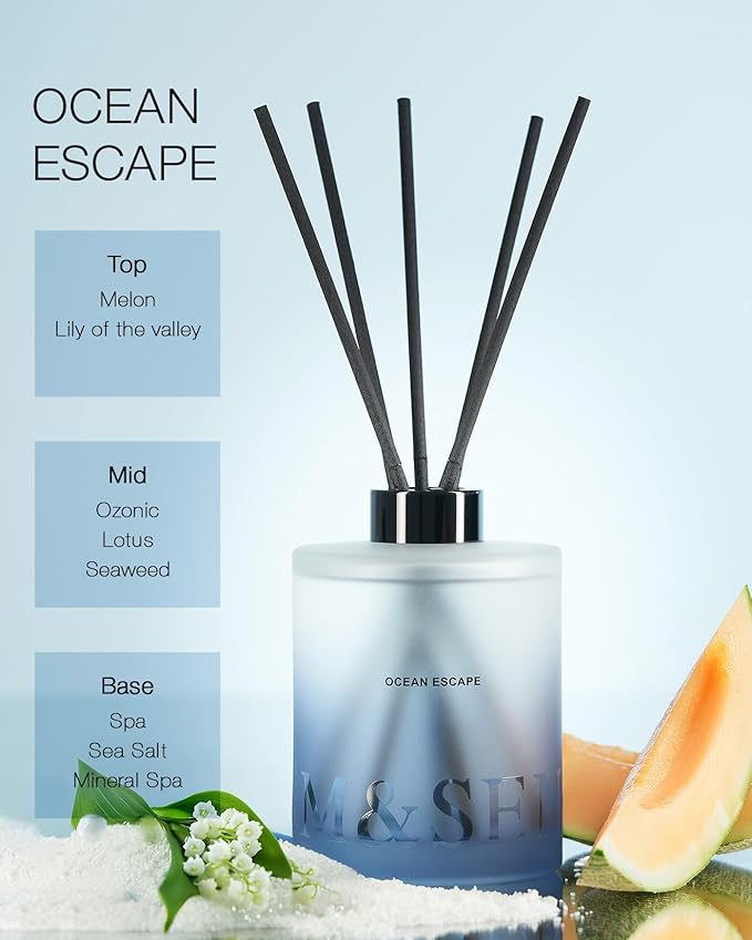 M&SENSE Ocean Escape Reed Diffuser Set - 16.9 fl oz Sea Salt Scent Diffuser with Sticks, Large Long-Lasting Fragrance Diffuser, Aromatherapy Diffuser Gift for Summer, Spa & Home Decor