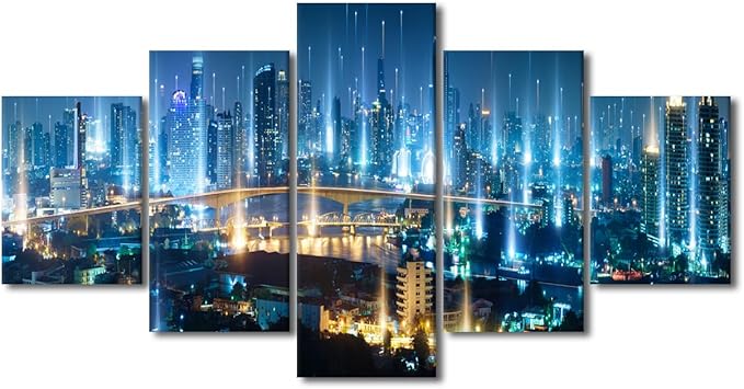 Canvas Wall Art for Living Room Big Data Worker Home Decoration 5 Panel Modern Cityscape Poster Smart City Picture Printing for Office Meeting Room Wall Decorate Stretched Ready to Hang 60x32 Inch
