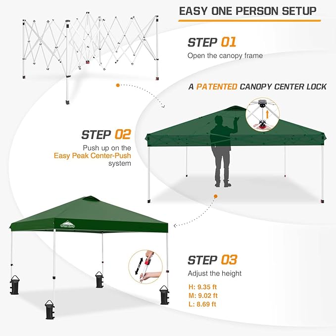 EAGLE PEAK Pop Up Canopy Tent with Wheeled Carry Bag, 8 Stakes, 4 Ropes, 4 Weight Bags, Easy Set Up Tent Canopy, 10x10 ft, 100sqft of Shade, Green