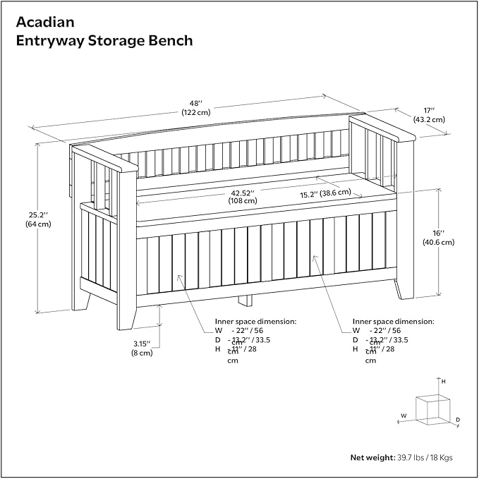 SIMPLIHOME Acadian Solid Wood 48 inch Wide Storage Bench that Seats 2 and 36 inch Wide Storage Cabinet in Black for the Living Room, Entryway, and Family Room, Transitional Style