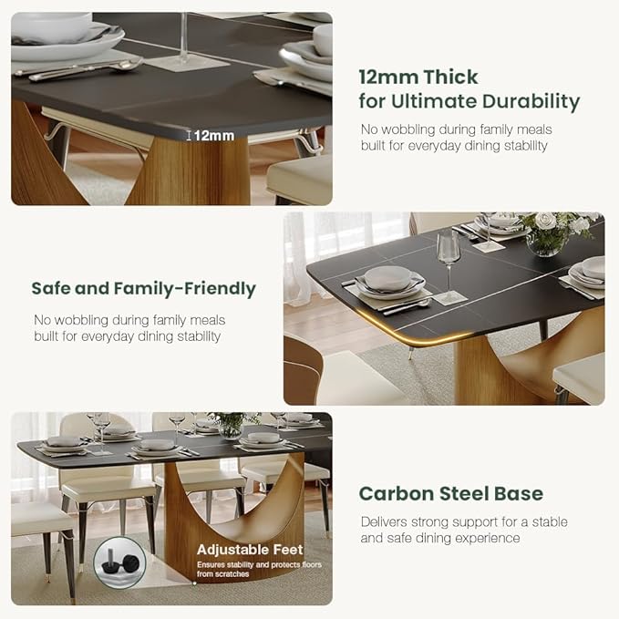 POVISON 63" Hobart Modern Dining Table for 4, Matte Black Heavy-Duty Rectangle Dining Table, Sintered Stone Dining Tabletop with Bronze Carbon Steel Pedestal (Table Only)