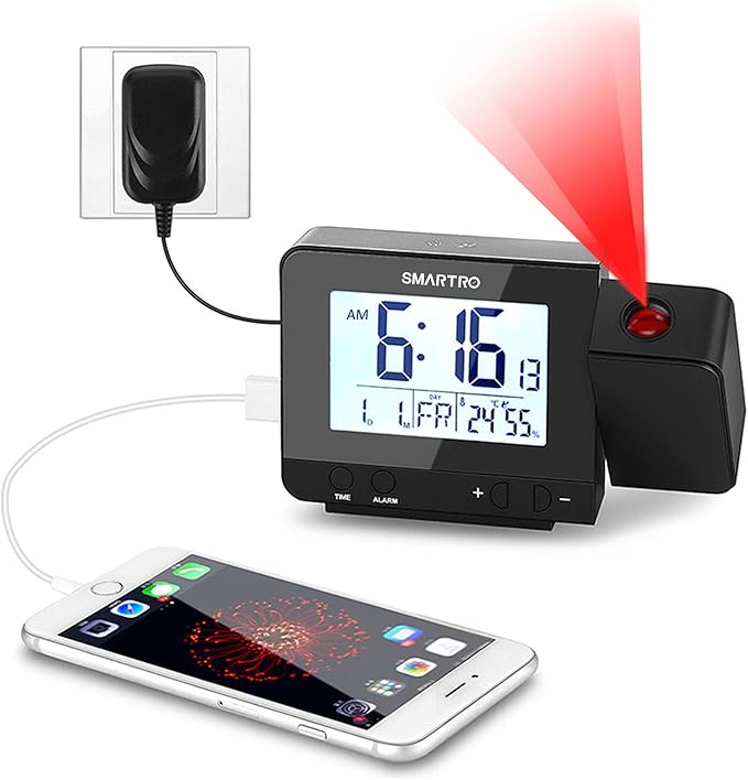 SMARTRO Digital Projection Alarm Clock for Bedrooms with Indoor Thermometer Hygrometer, USB Charger, Bedside Projector, Travel, AC and Battery Operated