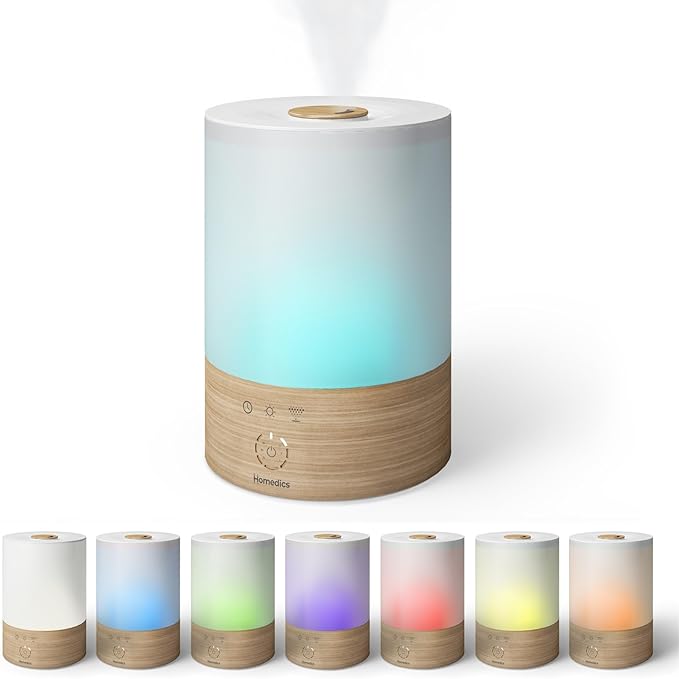 Homedics Cool Mist Ultrasonic Humidifier, 8-Colors Night Light, 0.66 Gal Top-Fill Tank, 24Hr Runtime, 3 Mist Settings, 360° Mist for 329 sq ft Rooms, Aromatherapy, Clean Tank Tech, Auto Shutoff