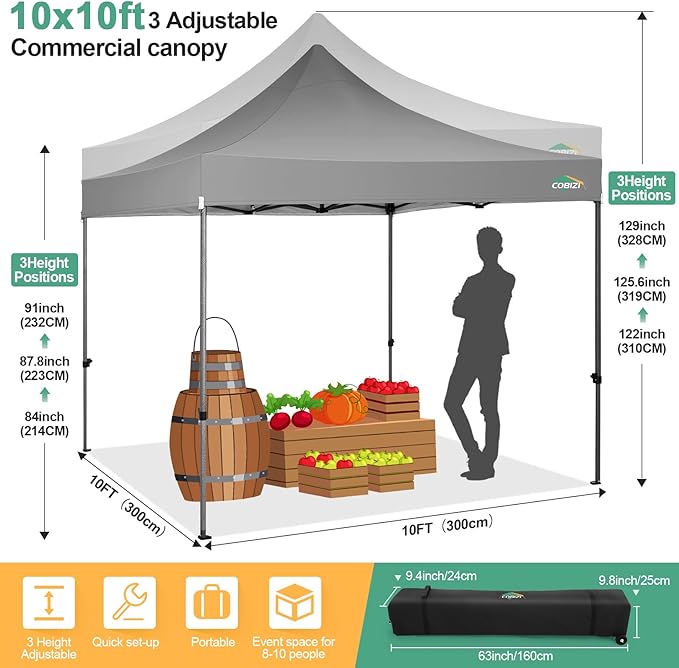 COBIZI 10x10 Pop Up Canopy Tent with 4 sidewalls Commercial Heavy Duty Canopy UPF 50+ All Weather Waterproof Outdoor Canopy Wedding Tents for Parties Gazebo with Roller Bag, Grey (Windproof Upgraded)
