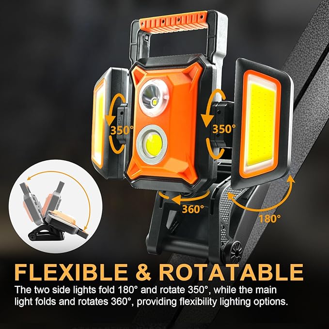4000LM LED Work Light Rechargeable with Clamp, 40W Magnetic Work Light Battery Powered with 5 Light Modes, 350° Rotation, Portable Job Site Lighting for Construction Site,Workshop,Car Repairing