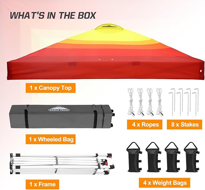 EAGLE PEAK Pop Up Canopy Tent with Wheeled Carry Bag, 8 Stakes, 4 Ropes, 4 Weight Bags, Easy Set Up Tent Canopy, 10x10 ft, 100sqft of Shade, Sunset Stripe