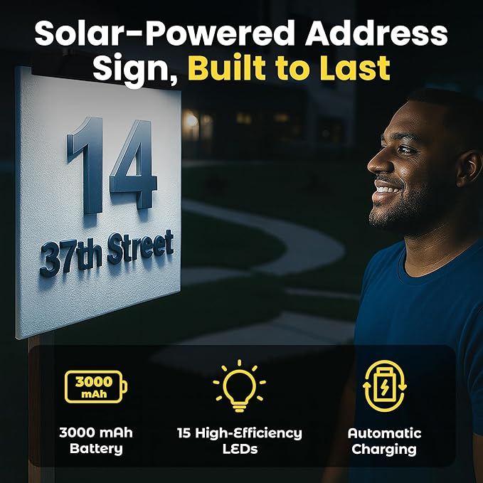 Brighticonics Solar Address Sign Light – IP65 Waterproof LED Lighted House Numbers – Easy to Install, Auto Dusk to Dawn ON/Off, Outdoor Solar Address Signs for Yard, Homes, Business - Cold White 6000K