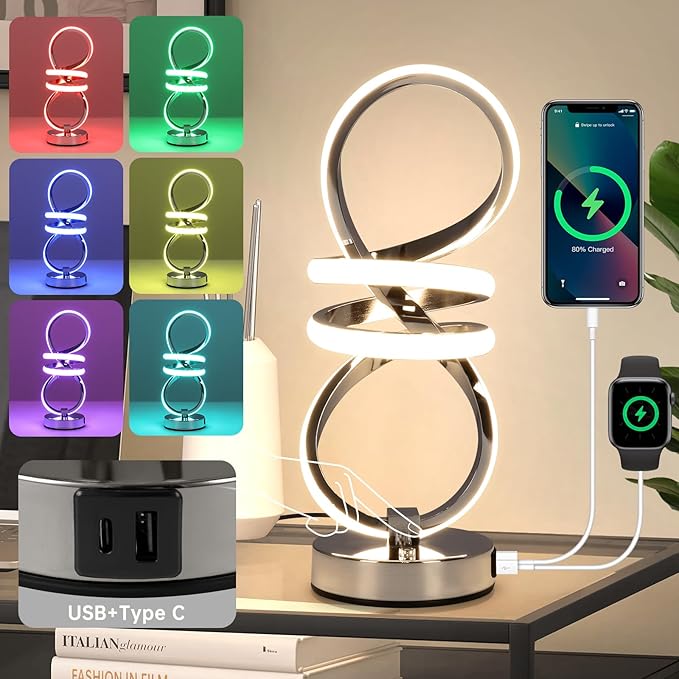 RGB Spiral Table Lamp, Modern LED Table Lamp, Chrome Cool Bedside Lamps, 7 Colors & 10 Light Modes Touch Dimmable LED Nightstand Lamp with USB/Type C for Bedroom, Living Room,Silver