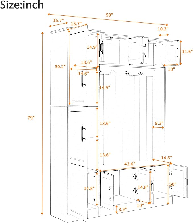 79-inch Modern Hall Tree with Shoe Storage - 4-in-1 Entryway Organizer with 6 Storage Cabinets, 4 Coat Hooks & Adjustable Shelf for Hallway, Living Room (White)