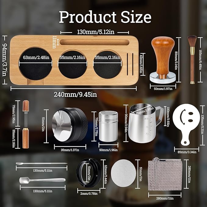 28PCS Espresso Accessories Kit,51mm Espresso Tamper Tools,Includes Wood Station,Distributor,Stirrer,Dosing Funnel,Brush,Puck Screen,Frothing Pitcher,Latte Pen,Powder Ring,Towel,Decorative Stencils