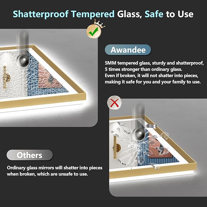 50x40 Gold Beveled LED Bathroom Mirror with Lights, Brushed Gold Framed Backlit and Front Lit Anti-Fog Lighted Vanity Mirrors for Bathroom Wall, Dimmable, 3 Colors, Memory, HD Tempered Glass