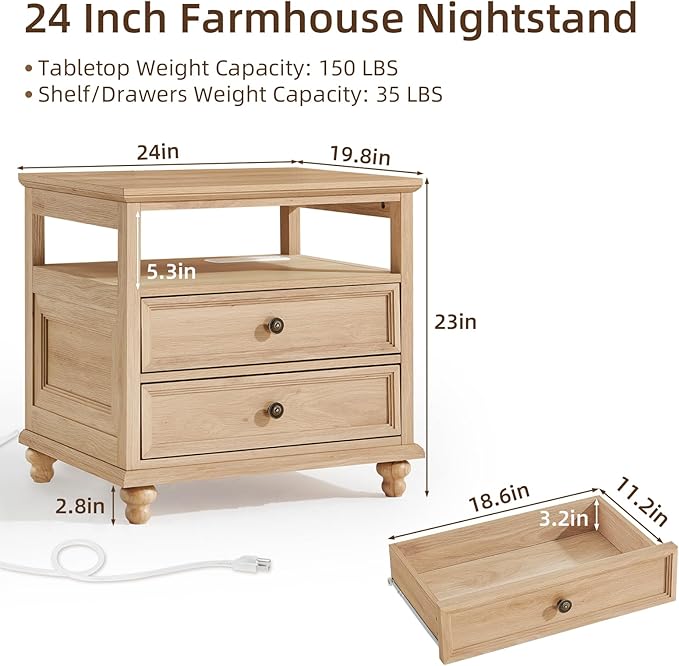 Farmhouse Nightstand with Charging Station, 24" Wide End Table with 2 Drawers, Natural Dresser for Bedroom, Bed Side Table Chest of Drawers Cabinet,Wood Night Stand for Living Room, Closet